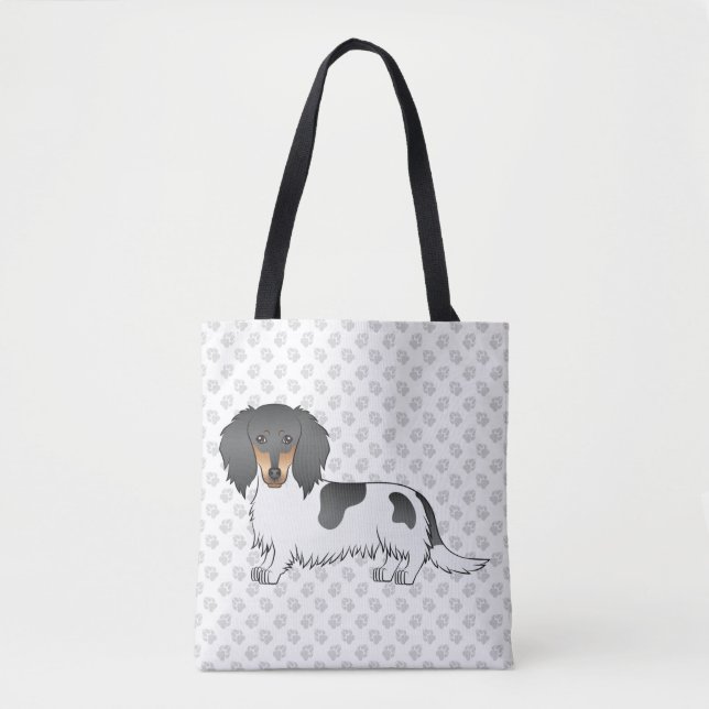 Bolsa Tote Dachshund de pelo longo malhado preto e bronze & p (Frente)