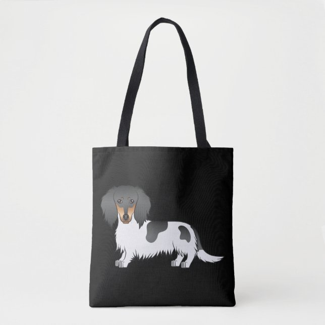 Bolsa Tote Dachshund de Pelo Longo Preto e Marrom Piebald em  (Frente)