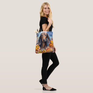 Bolsa Tote Dachshund Halloween Com Pumpkins Assustado