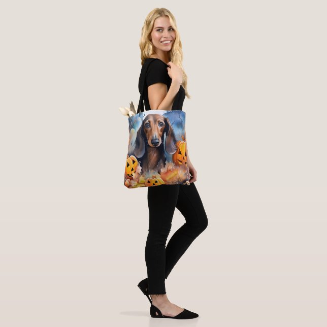Bolsa Tote Dachshund Halloween Com Pumpkins Assustado (No(a) Modelo)