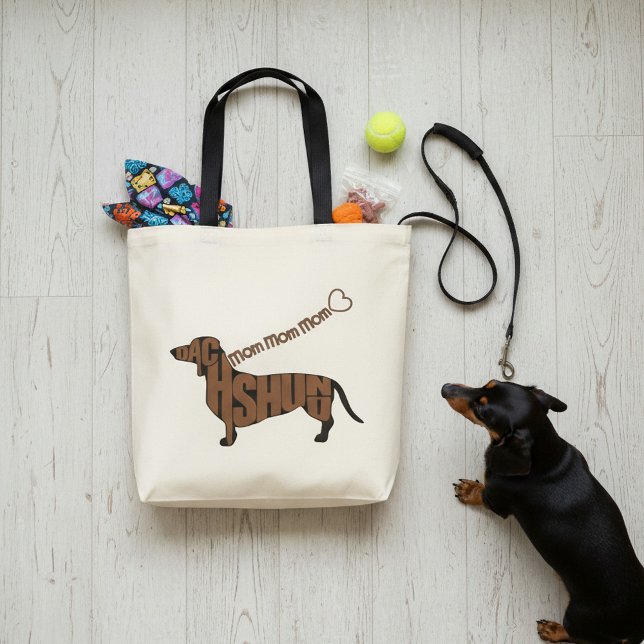 Bolsa Tote Dachshund Mãe - Doxie Preto e Tan - Coração (Original Dachshund Word Art tote for your favorite Doxie mom.)