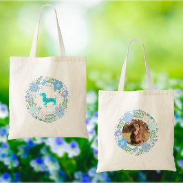 Bolsa Tote Dachshund Pastel Blue Flower Wreath - Personalized