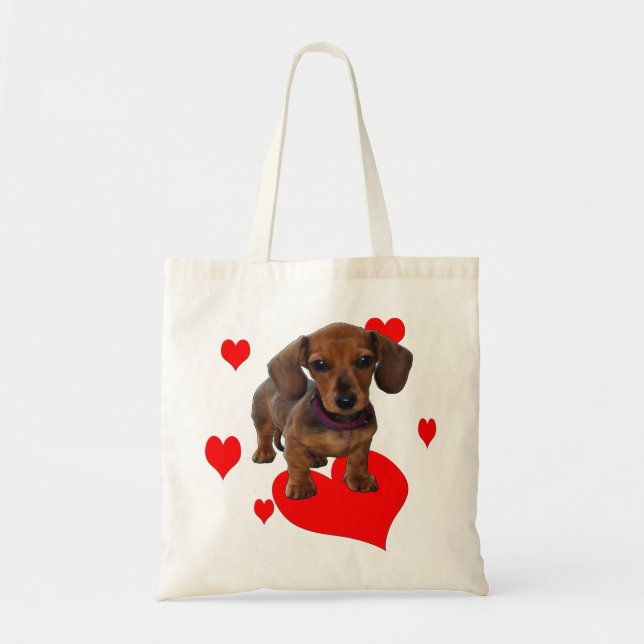 Bolsa Tote DACHSHUND Puppy com Corações (Frente)
