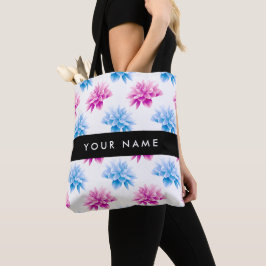 Bolsa Tote Dahlia Rosa e Azul, Padrão Floral, Seu Nome