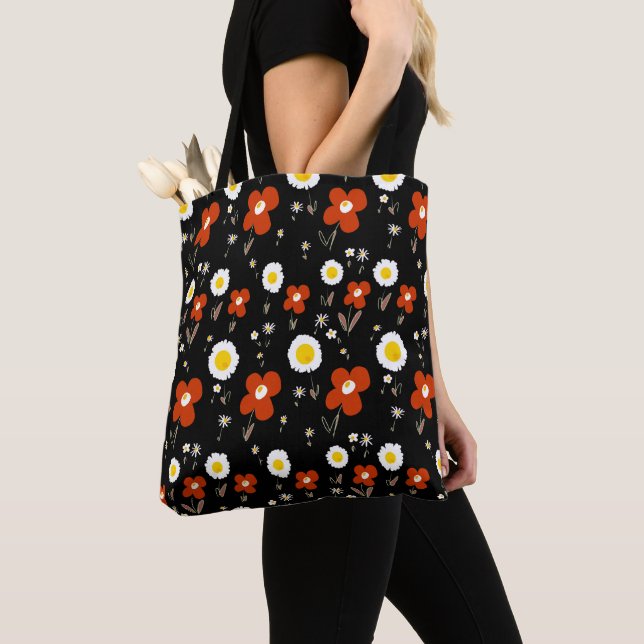 Bolsa Tote Daisy Flowers Red White Black (Close Up)