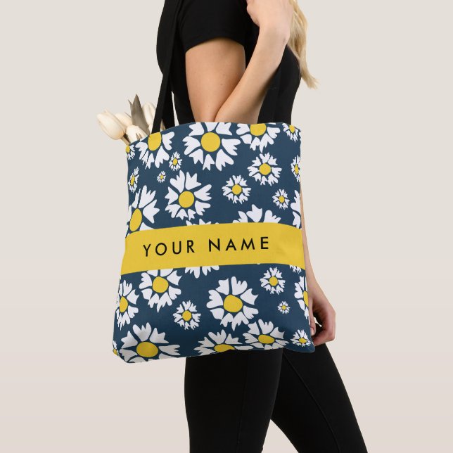 Bolsa Tote Daisy Pattern, White Daisies, Seu Nome (Close Up)