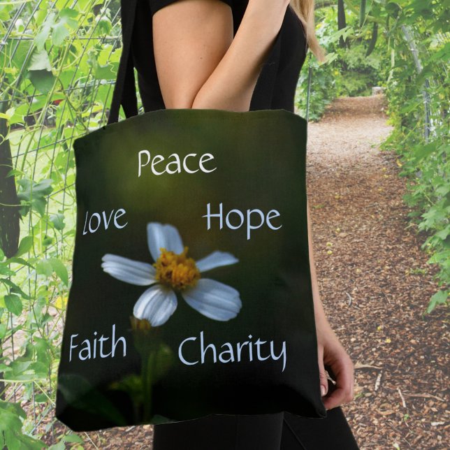 Bolsa Tote Daisy Peace Love Hope Faith Character Floral Green (Criador carregado)