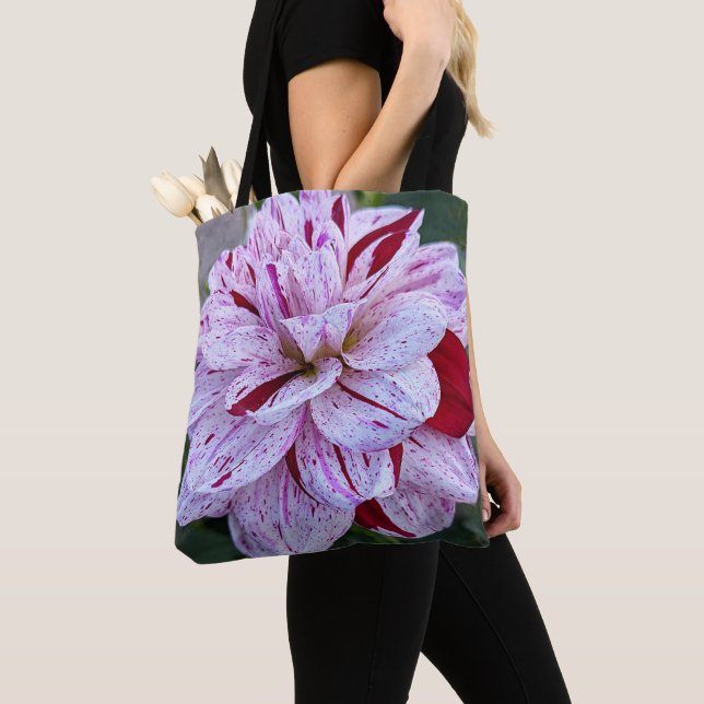 Bolsa Tote Dália Vermelha e Branca Variegada em Flor (Close Up)