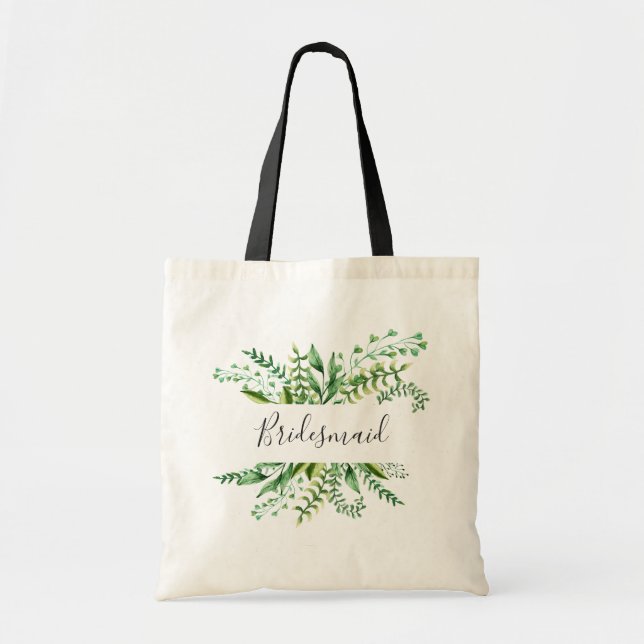 Bolsa Tote Dama de honra. Casamento botânico de verde-aquarel (Frente)