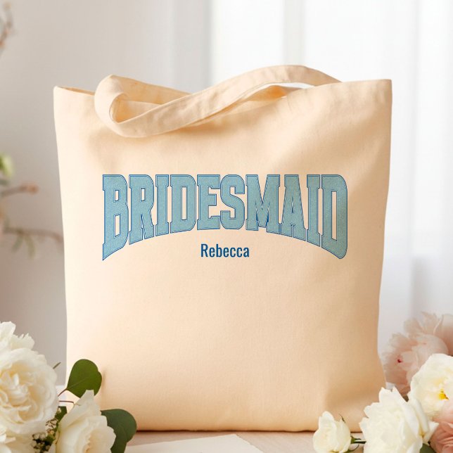 Bolsa Tote Dama de honra em Azul + Azul Falso com Brilho (Personalize with names, dates, locations or events)