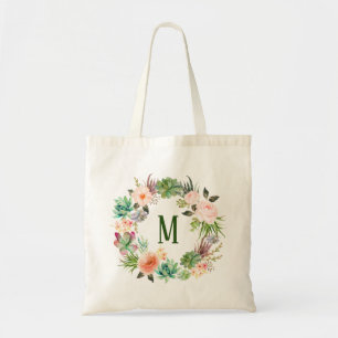Bolsa Tote Dama de honra floral do monograma dos Succulents