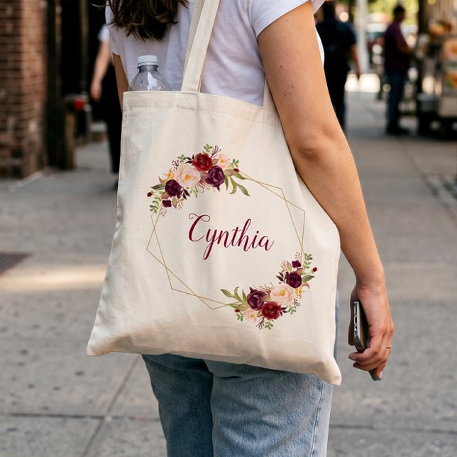 Bolsa Tote Dama de honra floral geométrica em rosa Borgonha (Criador carregado)