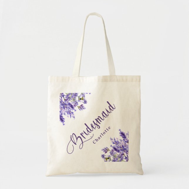 Bolsa Tote Dama de honra flores lavanda violeta script casame (Frente)