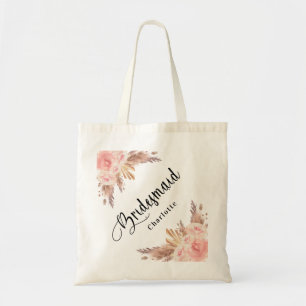 Bolsa Tote Dama de honra grama de pampas floral rosa dourado