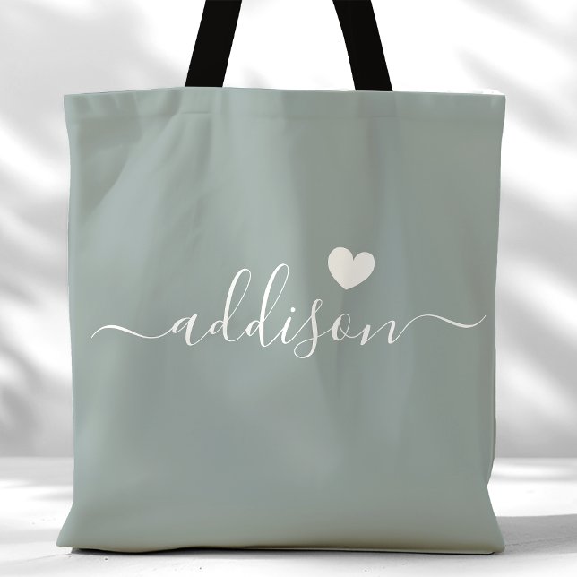 Bolsa Tote Dama de Honra Moderno Coração Verde Sage (Criador carregado)