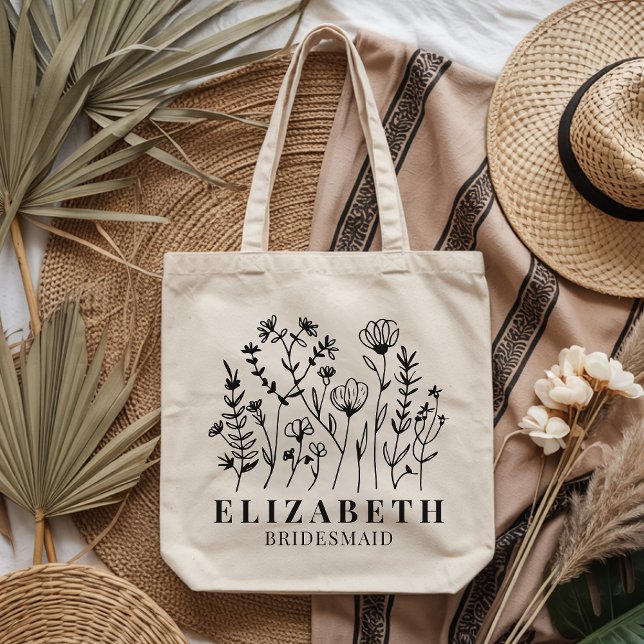 Bolsa Tote Dama de honra | Noiva Personalizada Rústica com Fl (Personalized Wildflower Tote Bag Gift for bridesmaid, bride, bride squad, or maid of honor)