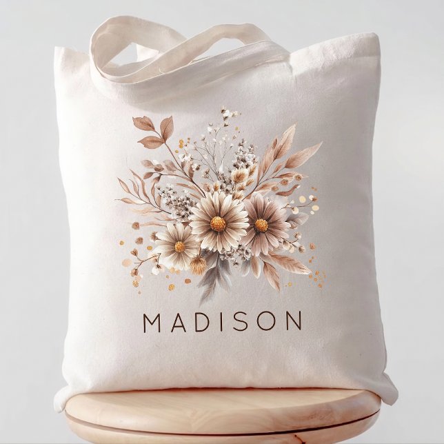 Bolsa Tote Dama de Honra | Nome de Despedida de Solteira Flor (Whimsical Fall Floral Script Name Bridesmaid | Mother’s Day | Wedding | Birthday Tote Bag gift)
