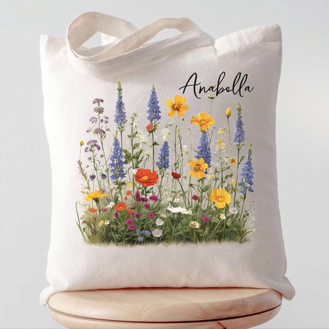 Bolsa Tote Dama de honra | Nome de despedida de solteira Wild (Custom Wildflower Tote Bag Gift for Teacher | Custom Name Floral Tote Bag Bridesmaid Proposal Gift)