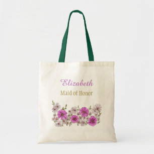 Bolsa Tote Dama de honra nupcial floral cor-de-rosa roxa com