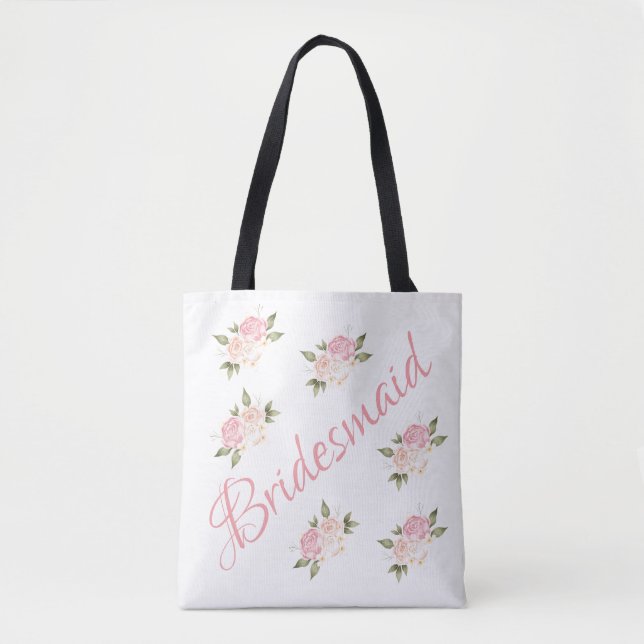 Bolsa Tote Dama de honra Rosa Floral Script Cute (Frente)