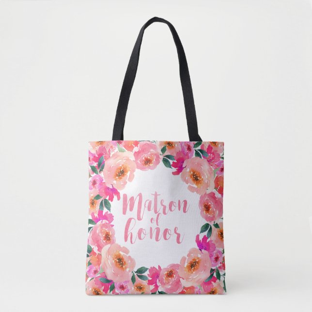 Bolsa Tote Dama de Honra Rústico Rosa Floral Aquarela (Frente)