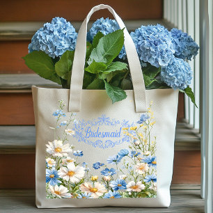 Bolsa Tote Damas de Honra Amarelo Azul Flores Brancas