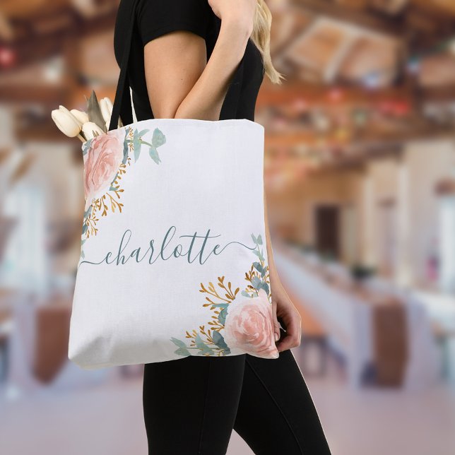 Bolsa Tote Damas de honra com flores em dourado rosado e euca (Criador carregado)