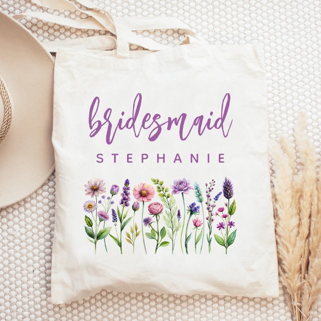 Bolsa Tote Damas de Honra com Flores Silvestres Roxas em Letr (Criador carregado)
