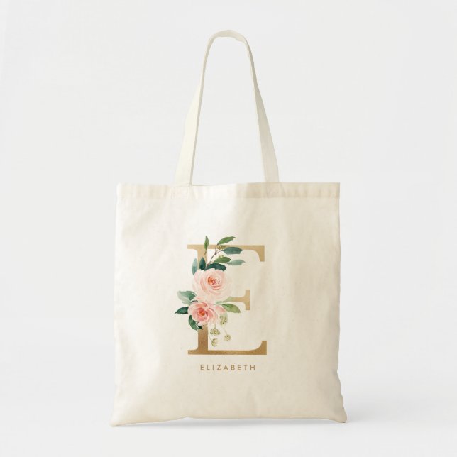 Bolsa Tote Damas de honra com letra floral Peony E dourada (Frente)