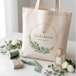 Bolsa Tote Damas de honra em Verde Sage Eucalipto e Dourado