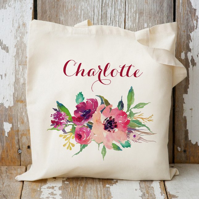 Bolsa Tote Damas de honra florais de Borgonha Personalizadas (Criador carregado)