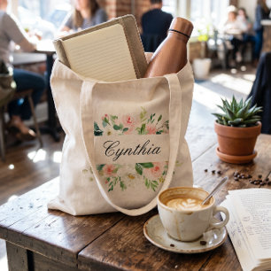 Bolsa Tote Damas de Honra Floral Aquarela Verde Rosa Bege