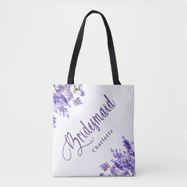 Bolsa Tote Damas de honra flores lavanda violeta letra casame (Frente)