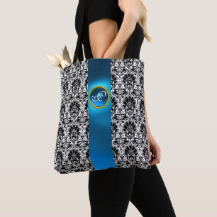 BOLSA TOTE DAMASCO BRANCO PRETO CHIQUE, MONOGRAMA AZUL DE