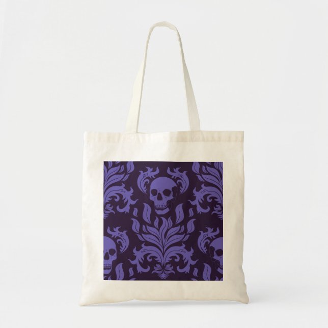 Bolsa Tote Damasco com chamas no crânio em tons roxos (Frente)