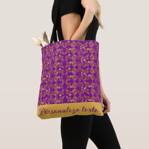 Bolsa Tote Damasco Floral de Luxo em Ouro sobre Roxo Real