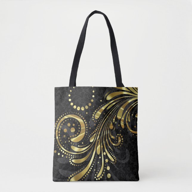 Bolsa Tote Damasco Floral Preto E Cabeça Dourada (Frente)