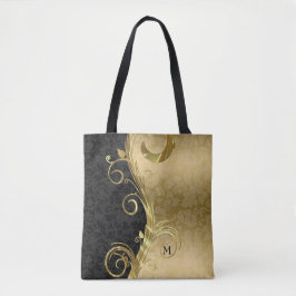 Bolsa Tote Damasco Floral Preto E Dourado E Cabeça Dourada
