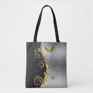 Bolsa Tote Damasco Floral Preto E Prateado E Cabeça Dourada