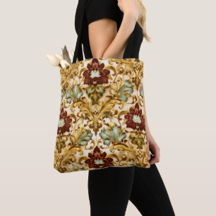 Bolsa Tote Damasco Floral Vitoriano Dourado com Salvia