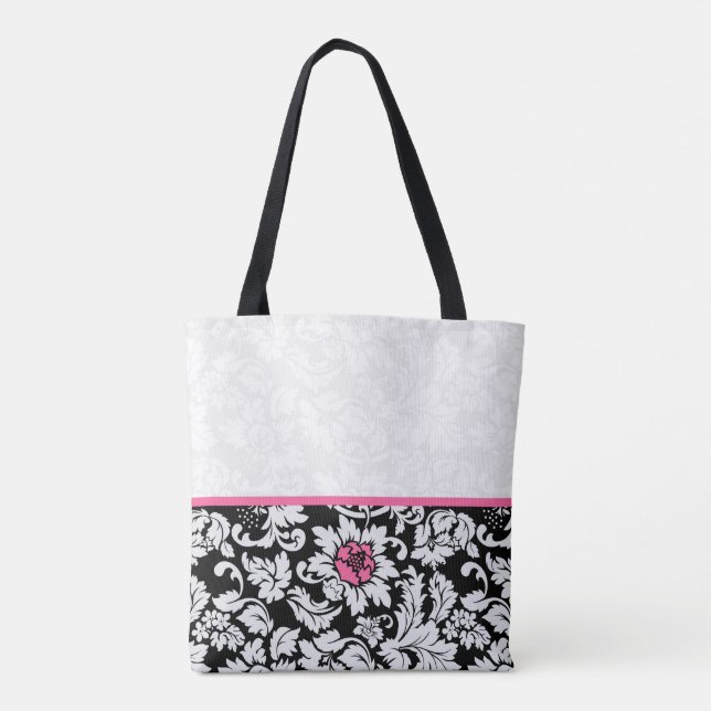 Bolsa Tote Damasco Preto E Branco Com Flor Rosa (Verso)