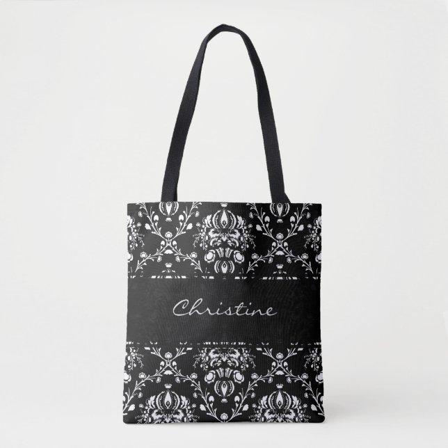 Bolsa Tote Damasco Preto e Branco Personalizado (Frente)