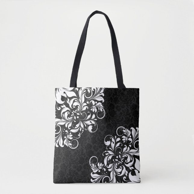 Bolsa Tote Damascos Pretos Elegantes e rendas Florais Brancas (Frente)