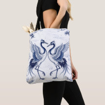 Dança de Grou Estilo Imari Japonês Azul e Branco