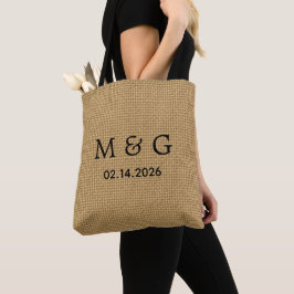 Bolsa Tote Data de Monograma Personalizado em Padrão de Juta