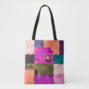 Bolsa Tote de Arte Floral com Blocos de Cores Mode