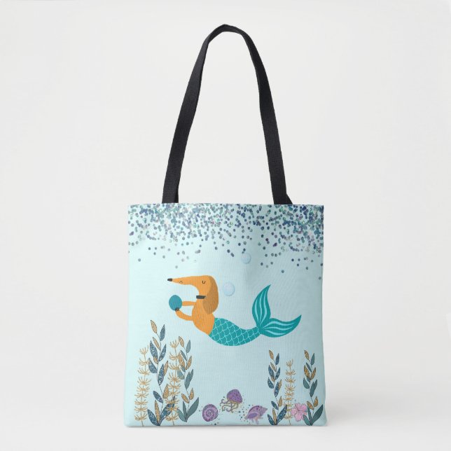 Bolsa Tote de Cauda de Sereia Turquesa Dachshund (Frente)