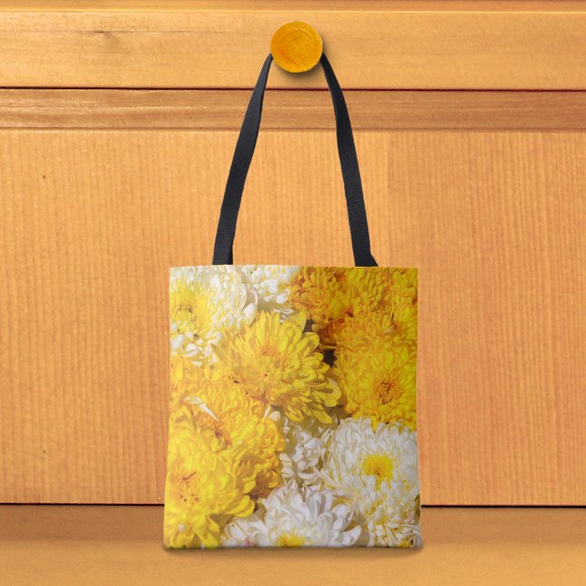 Bolsa Tote de Crisântemos Brancos e Amarelos (Tote bag with white and yellow chrysanthemums)