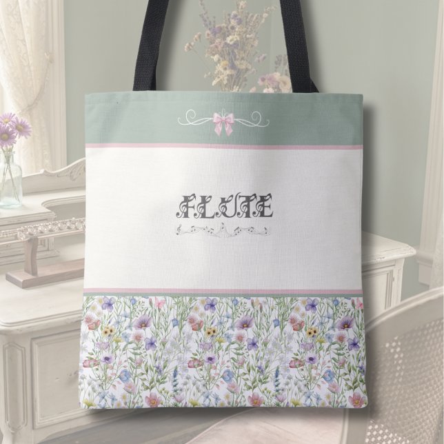 Bolsa Tote de Flauta Botânica Rosa e Verde Caprich (Whimsical Flute Tote Bag | Pink Floral & Sage Green Botanical Aesthetic Music Gift)