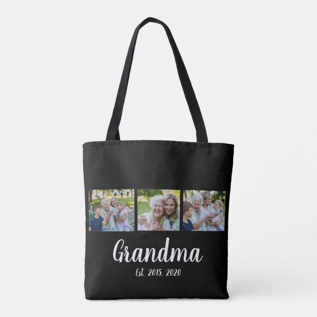 Bolsa Tote de Foto Preta com Letra de Avó Estabele (Verso)